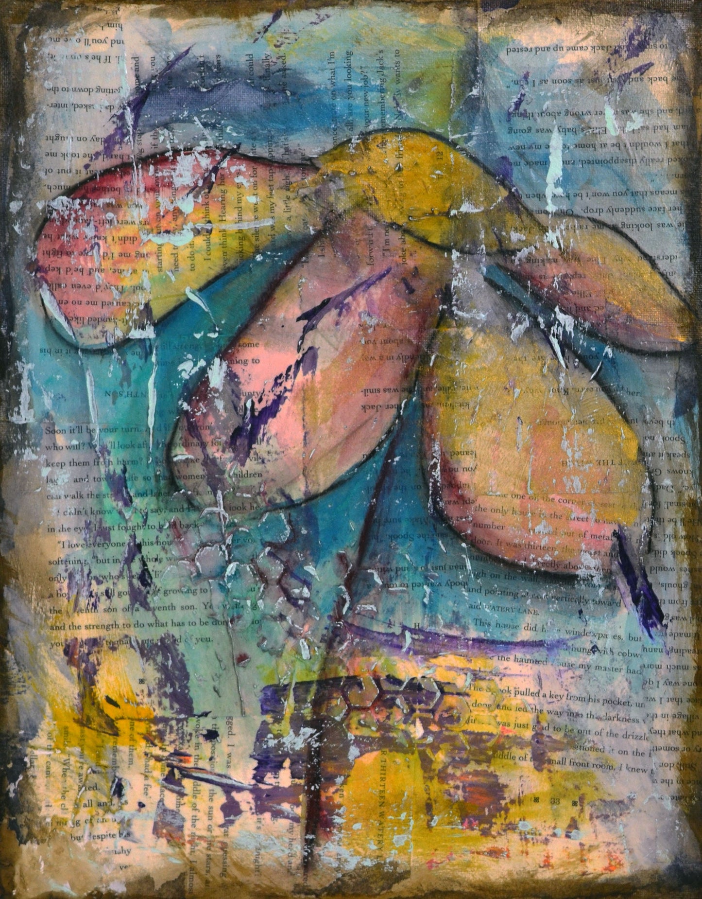 Abstract flower garden hand painted mixed media painting on canvas panel 11x14, original blue art acrylic and watercolor painting - Carved Effects