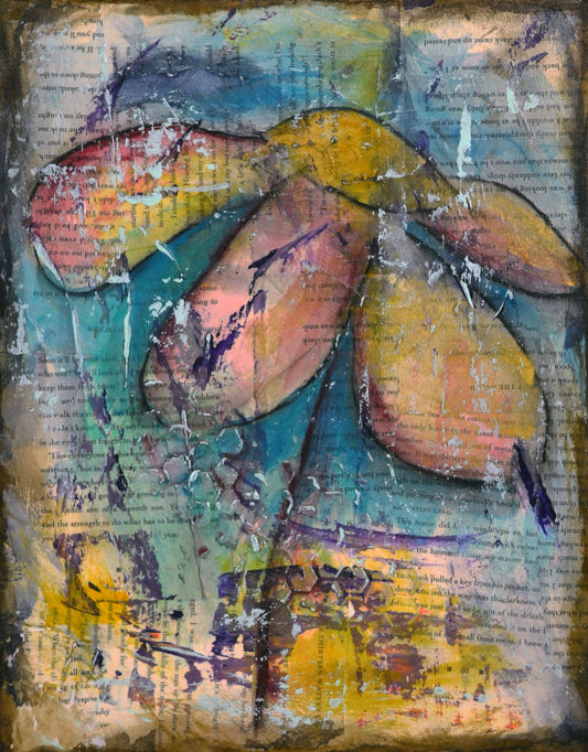 Abstract flower garden hand painted mixed media painting on canvas panel 11x14, original blue art acrylic and watercolor painting - Carved Effects