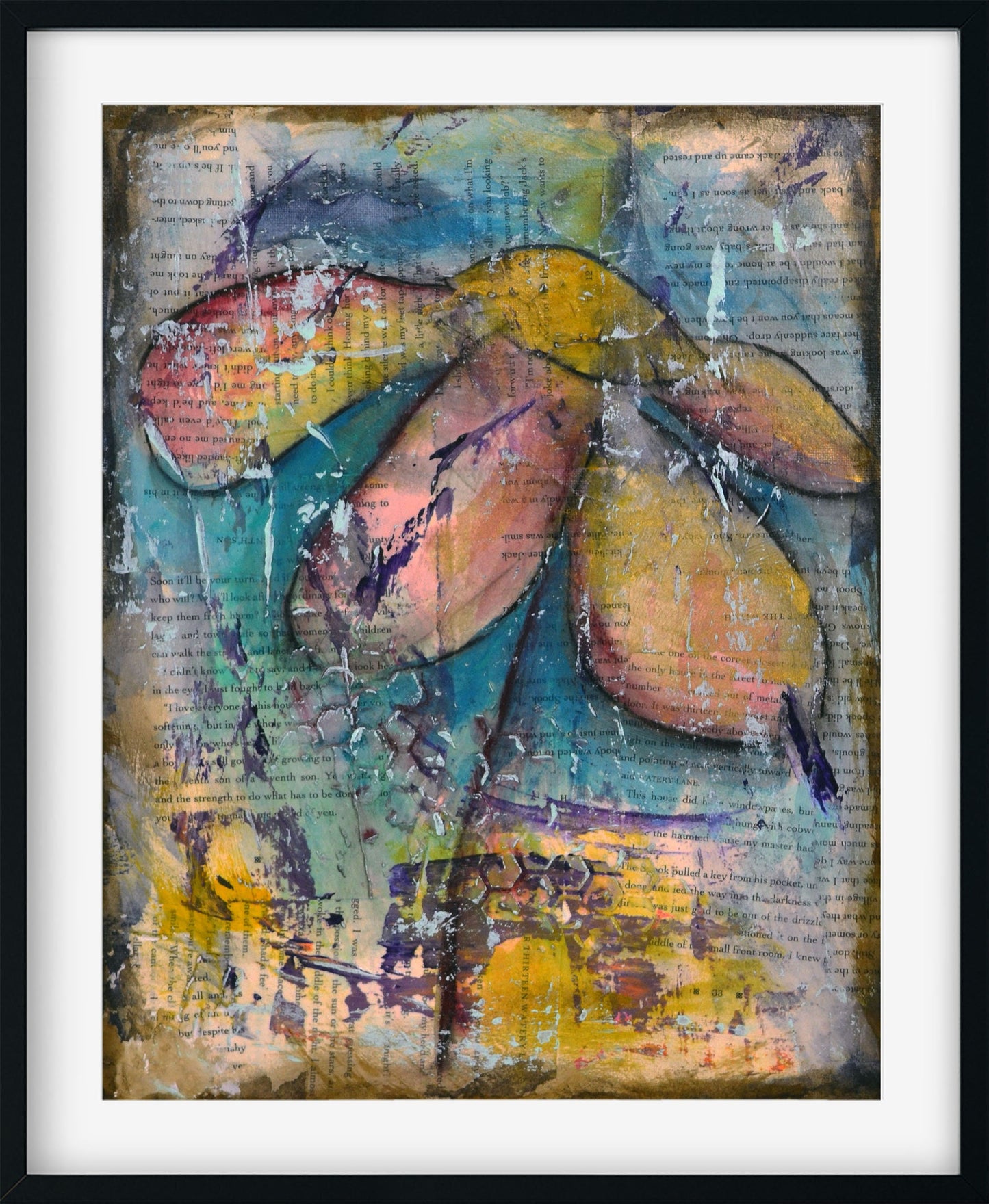 Abstract flower garden hand painted mixed media painting on canvas panel 11x14, original blue art acrylic and watercolor painting - Carved Effects