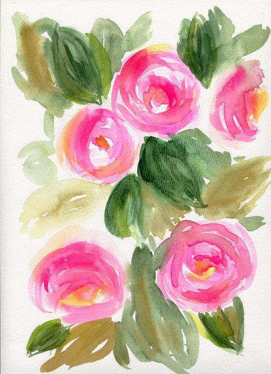 A watercolor painting of pink camellia flowers on a white background, presented without a frame.