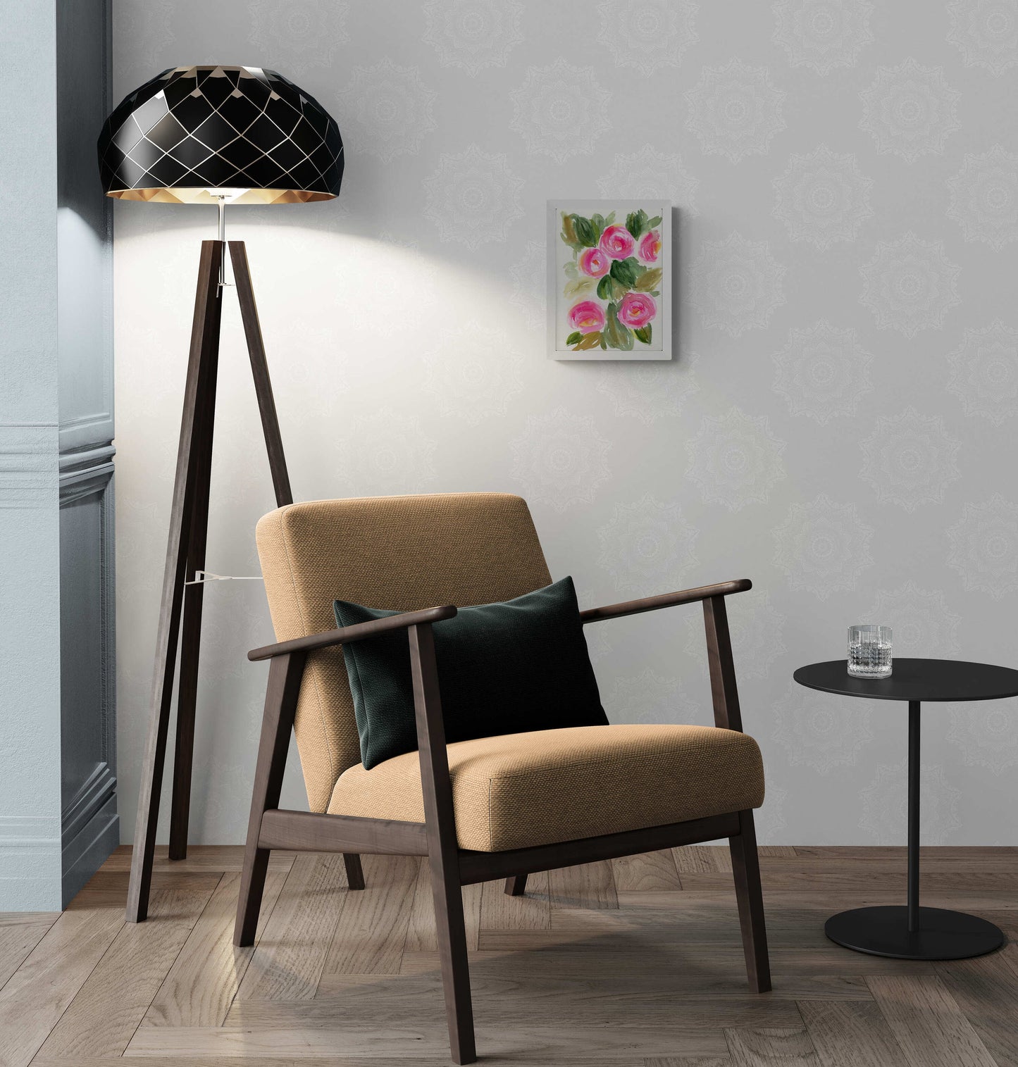 Pink and yellow camellia flowers watercolor painting