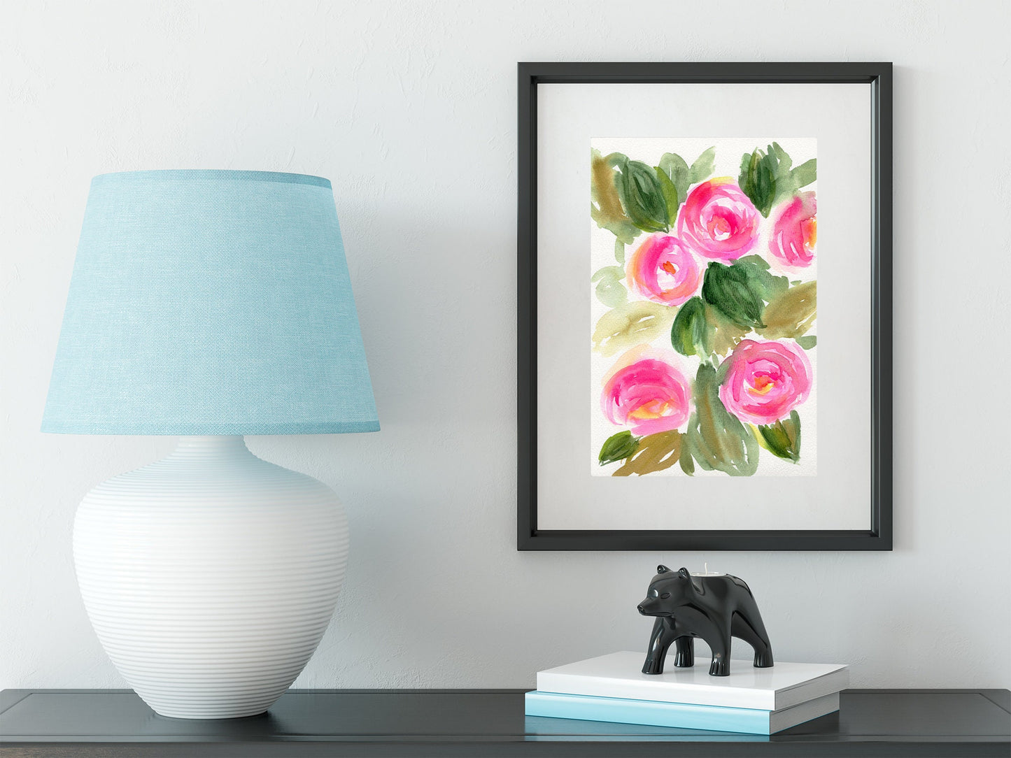 Pink and yellow camellia flowers watercolor painting