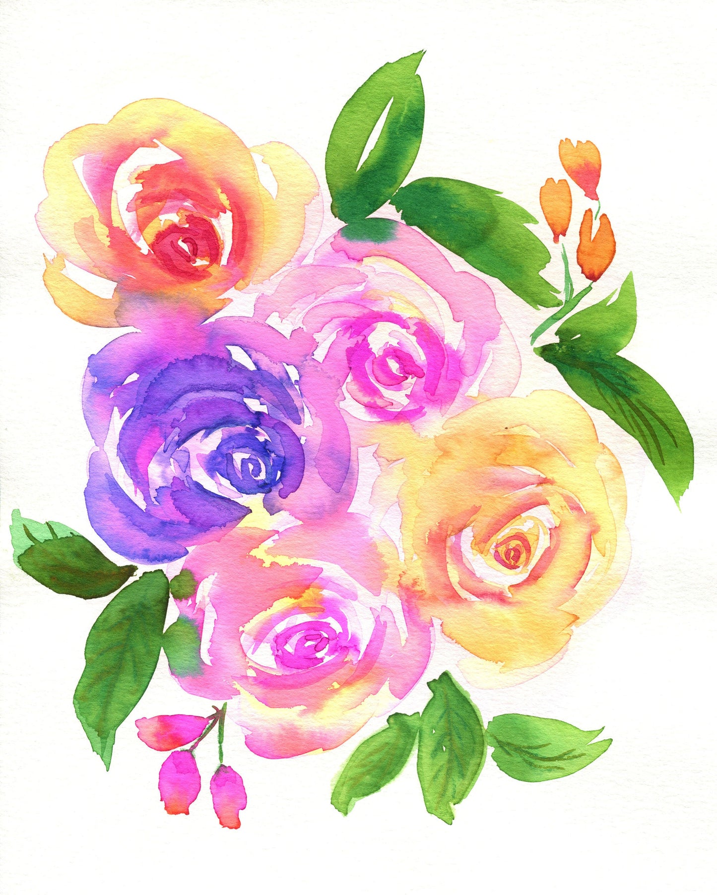Hand painted watercolor painting of a bouquet of pink, purple, and yellow roses on a white background.