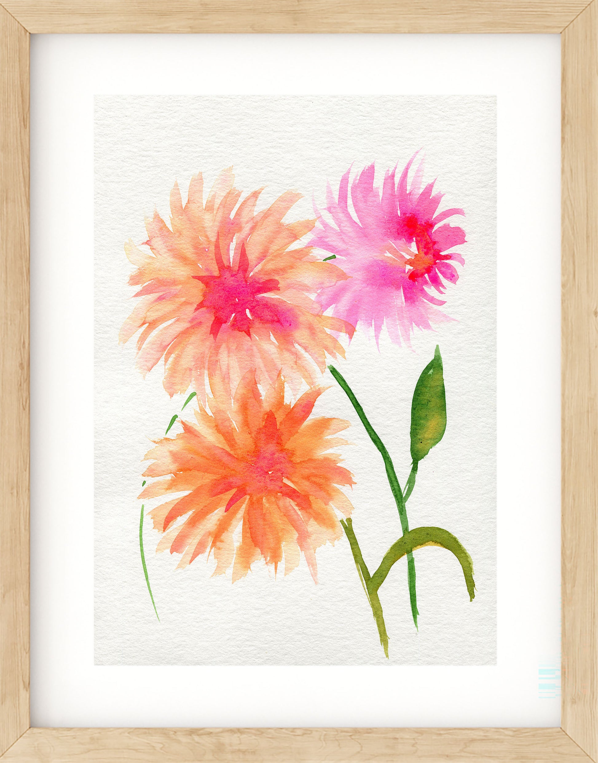 Framed artwork of three colorful flowers on a white background