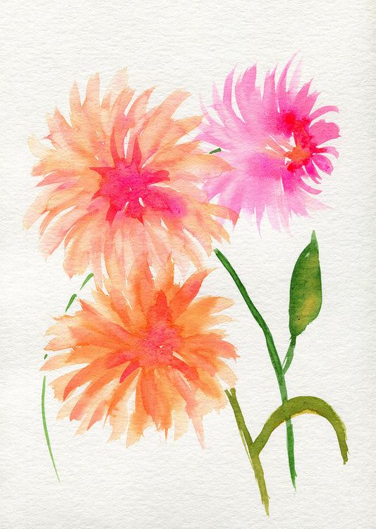 Three watercolor flowers in pink, orange, and green on a white background