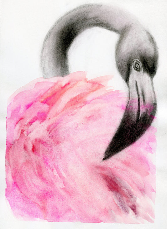 Hand painted charcoal and watercolor painting of a pink flamingo, 9x12 in size, without a frame.