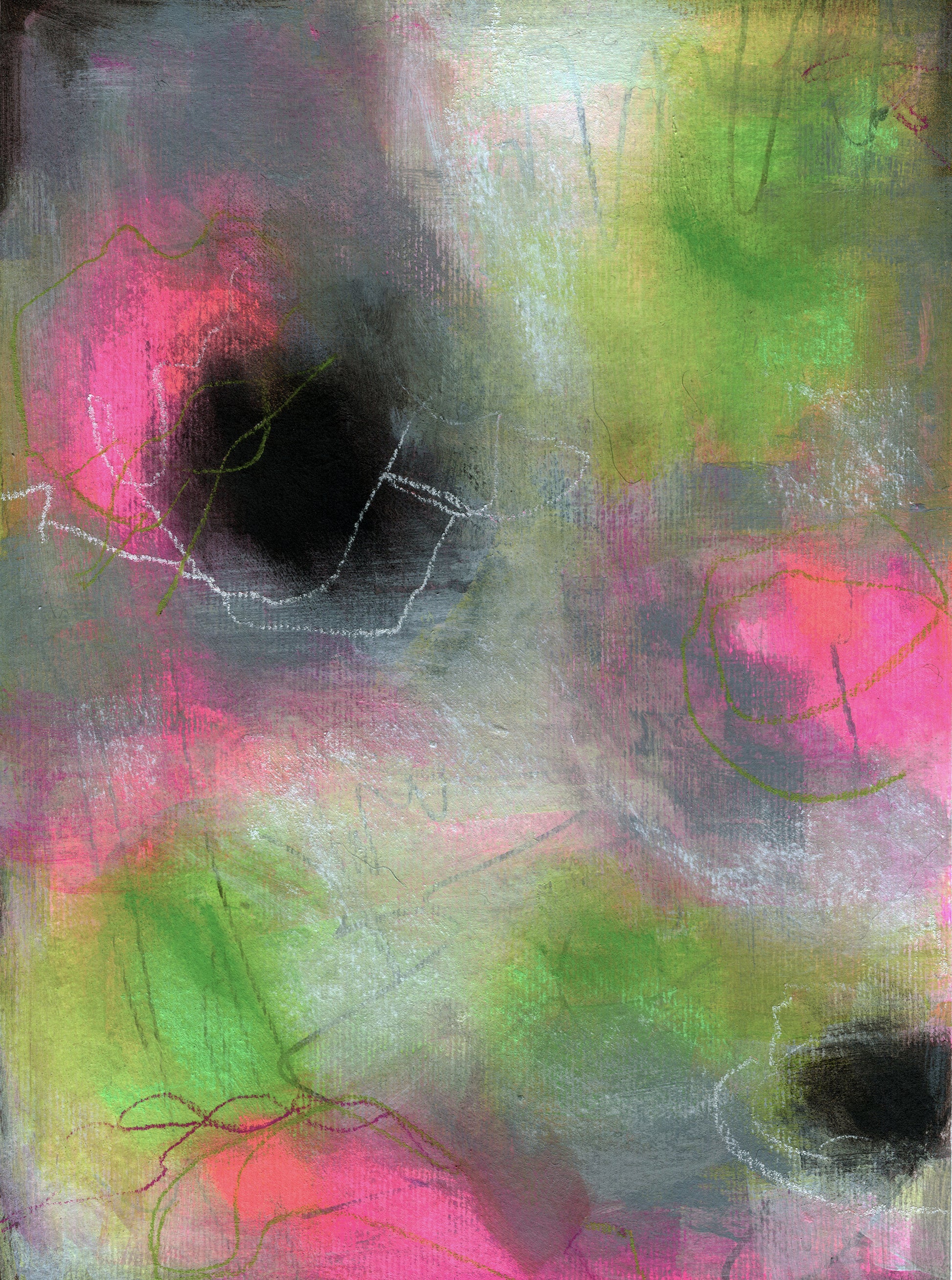 Abstract acrylic painting with pink, green, and grey colors on paper, with visible brush strokes and texture.