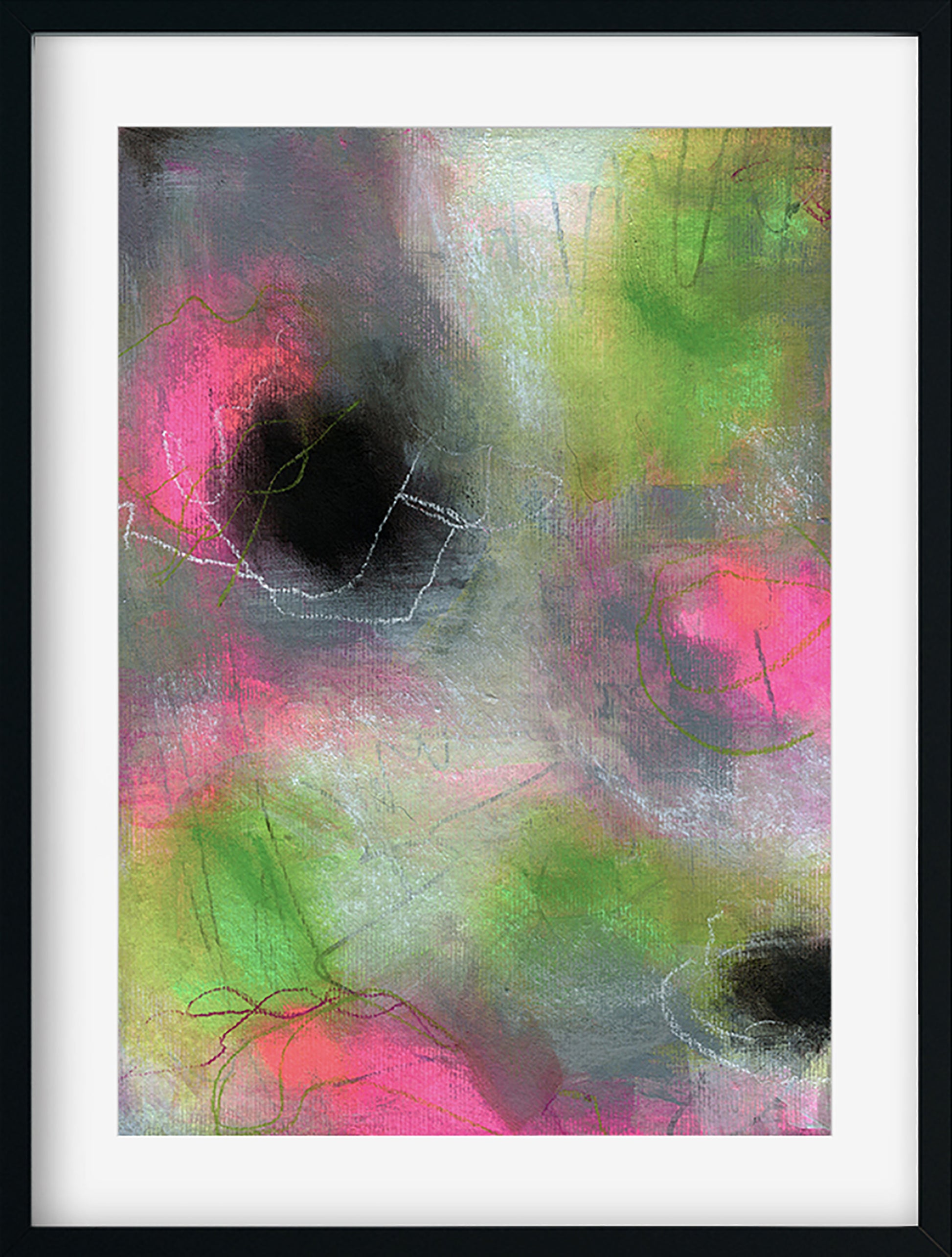 Pink green and grey abstract painted mixed media painting