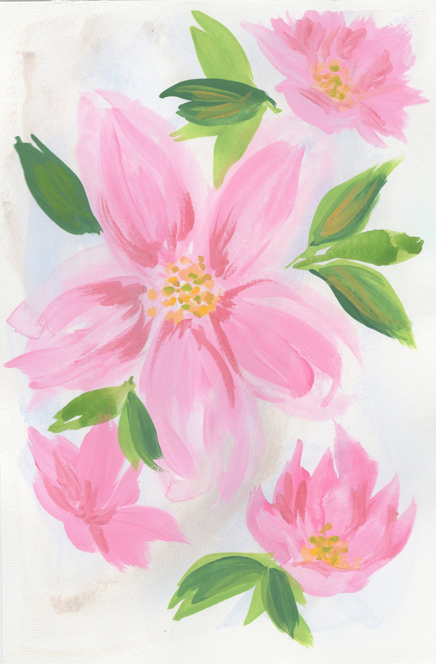 Pink hand painted watercolor gouache flowers painting