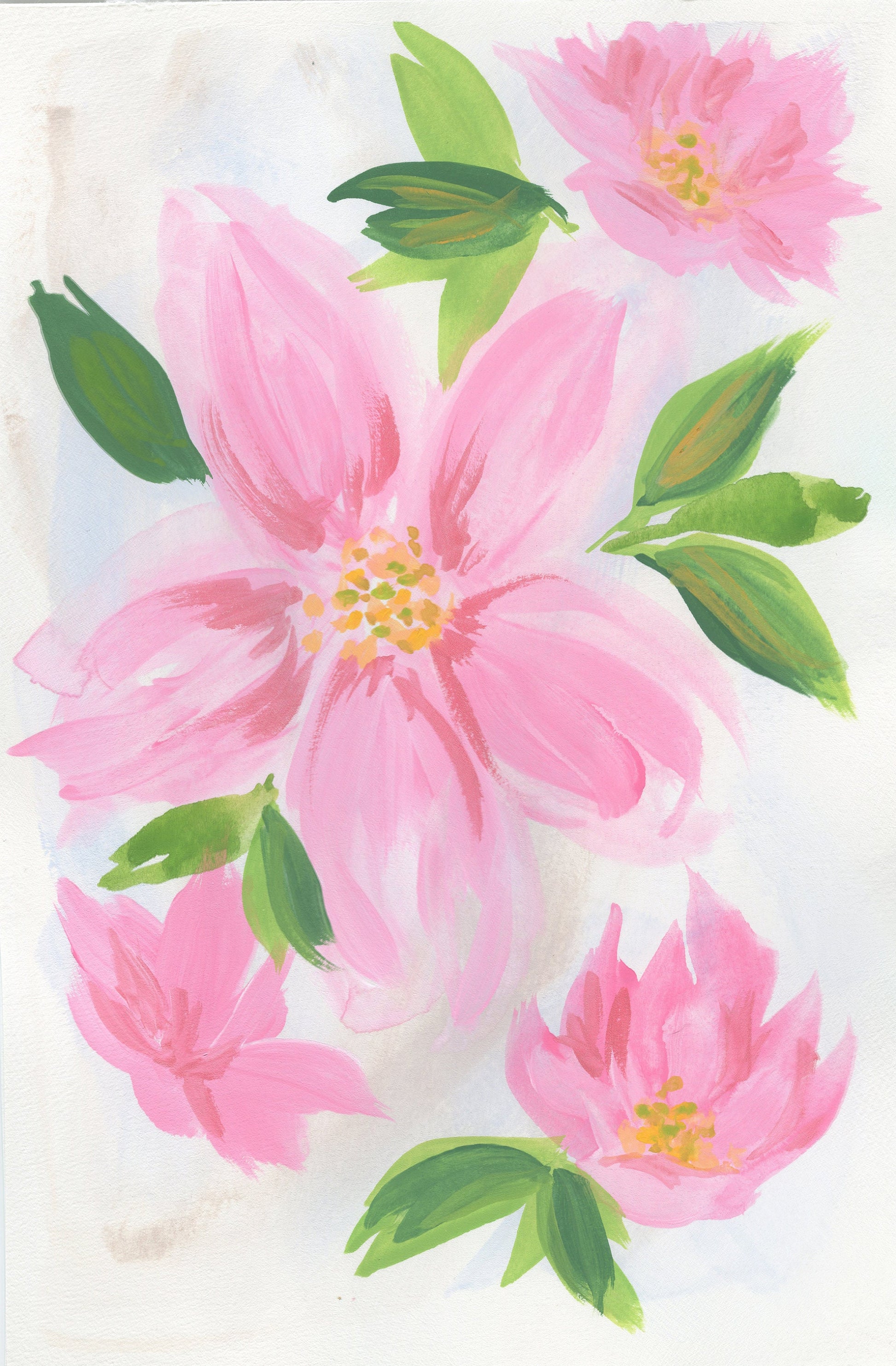 Pink hand painted watercolor gouache flowers painting
