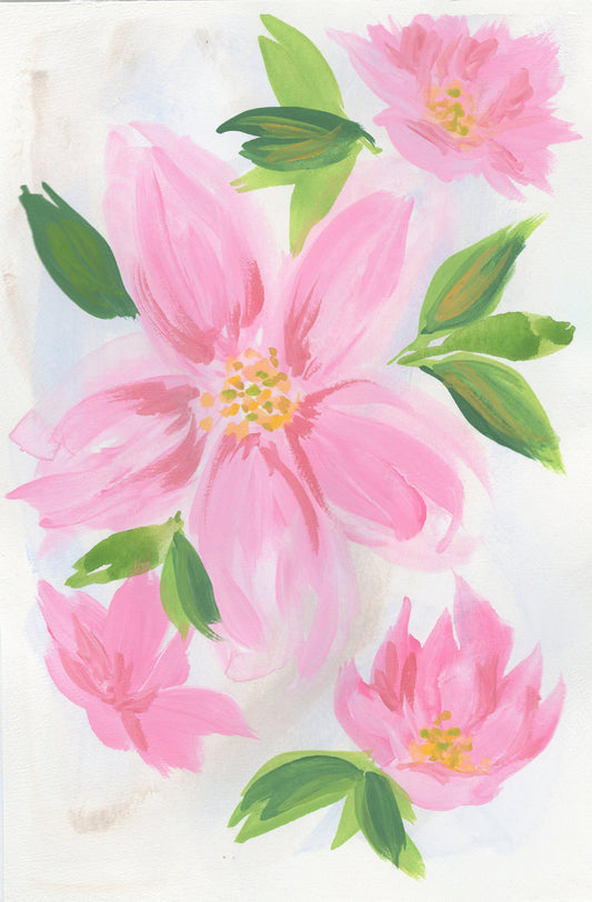 Pink hand painted watercolor gouache flowers painting
