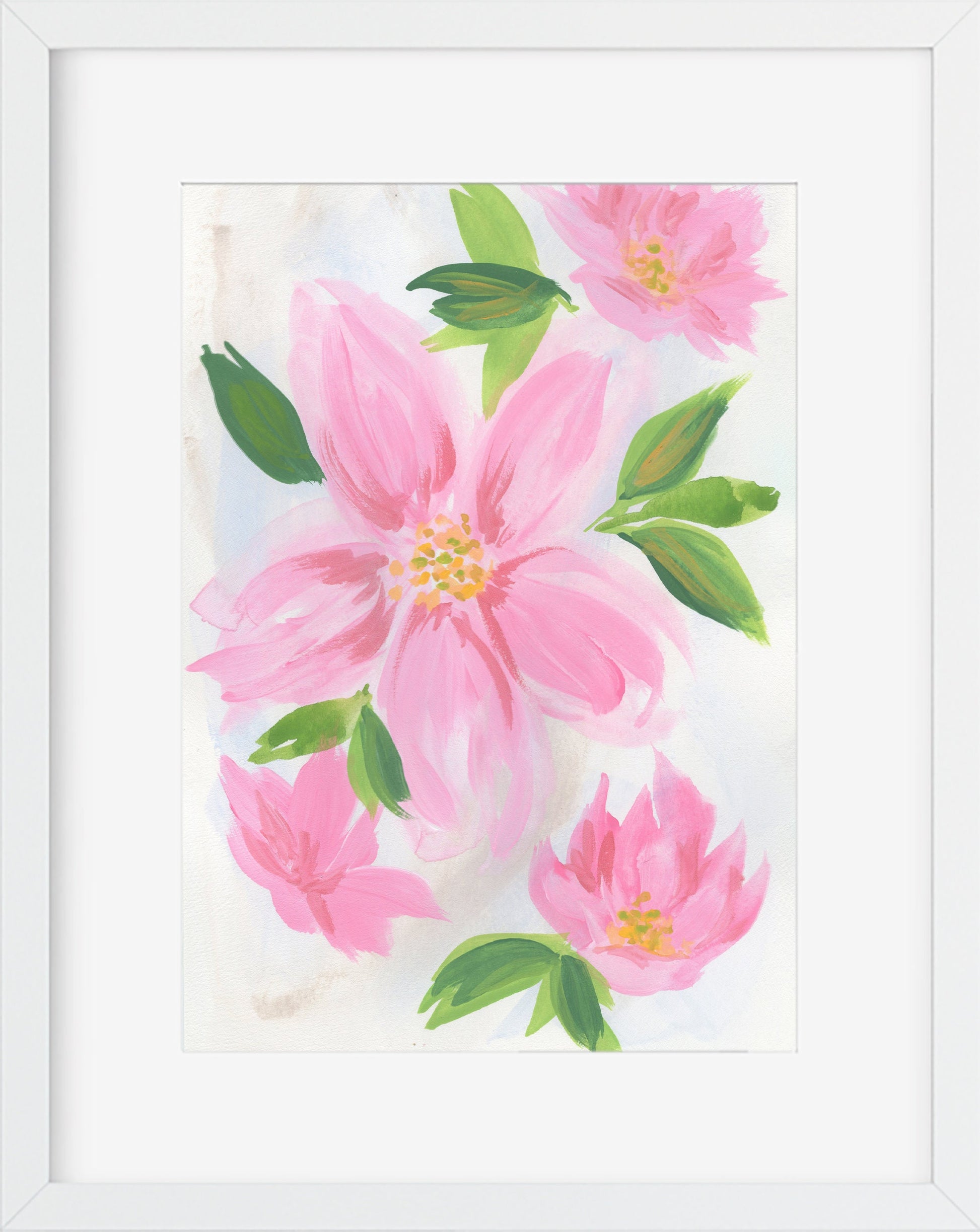 Pink hand painted watercolor gouache flowers painting