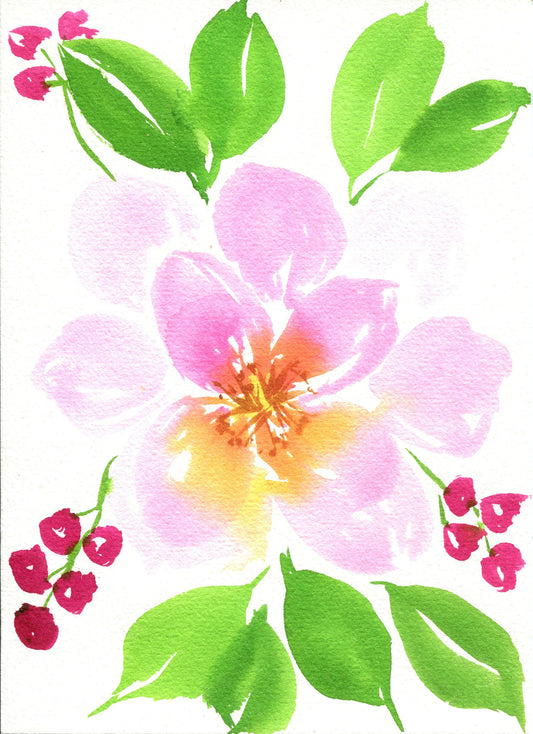A watercolor painting of pink peony flowers with green leaves on a white background, indicating the artwork is not framed and is unframed.