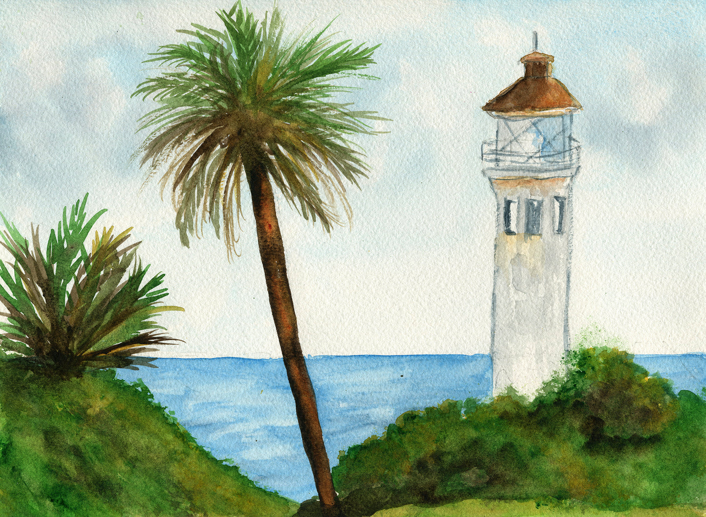Painting of a lighthouse and palm trees by the ocean