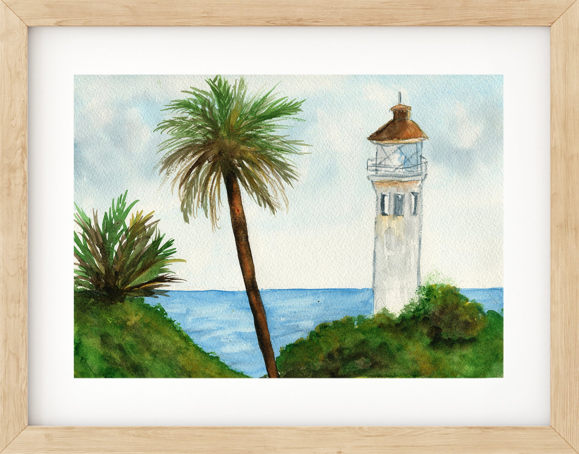 Painting of a lighthouse and palm trees by the sea
