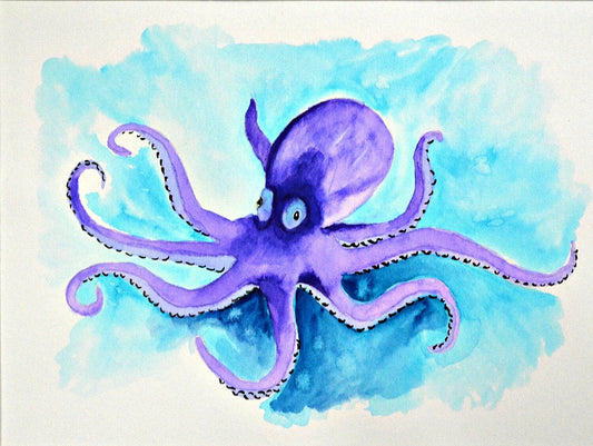 A watercolor painting of a purple and blue octopus with a background of blue waves.