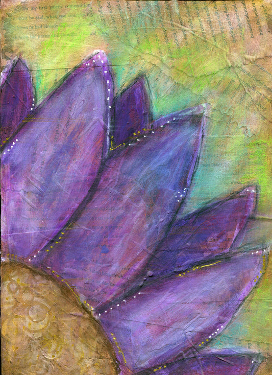 Hand painted purple sunflower acrylic painting on canvas, with a textured background.