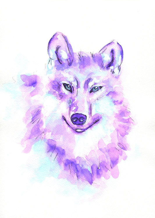 Watercolor painting of a purple wolf with a blurred background.