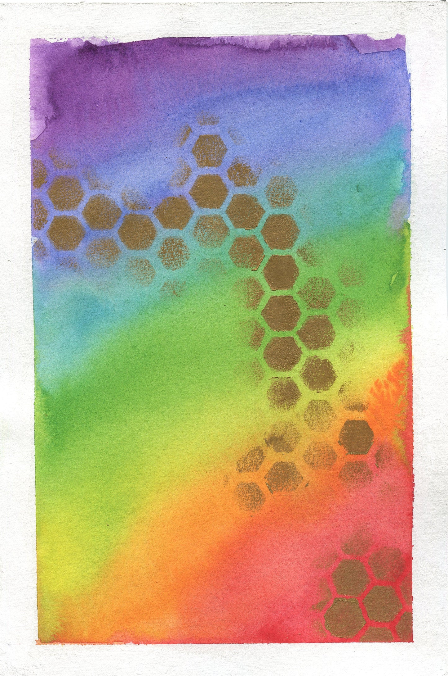 Rainbow and gold honeycomb and watercolor painting 6x9