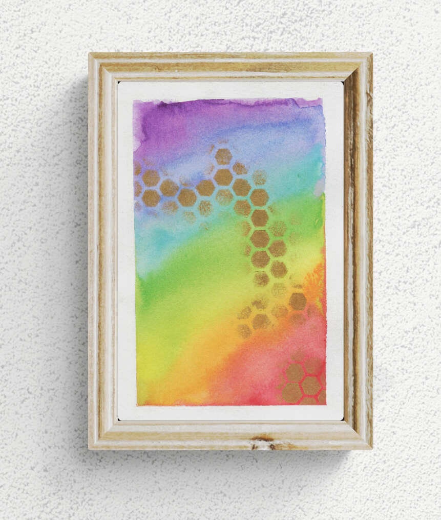 Rainbow and gold honeycomb and watercolor painting 6x9