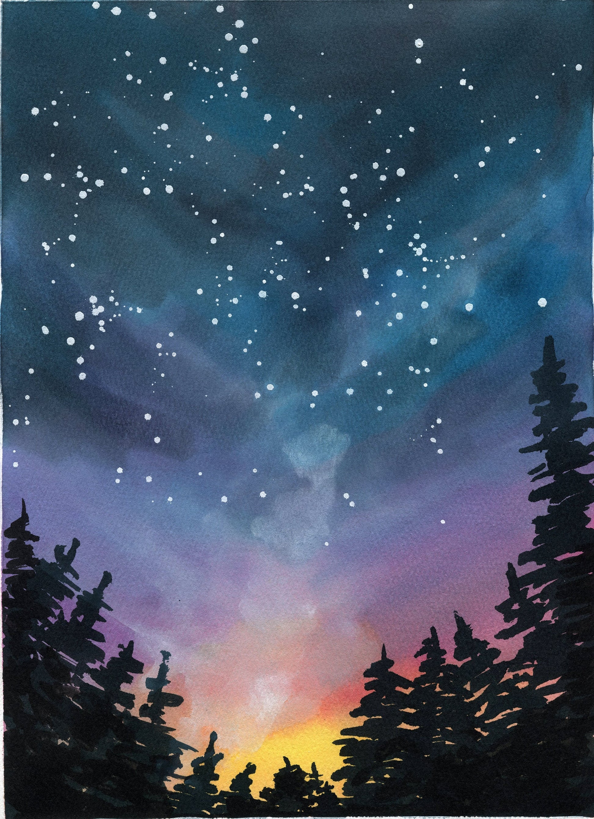 A hand-painted watercolor painting depicting a starry night sky with a landscape of dark trees in the foreground.