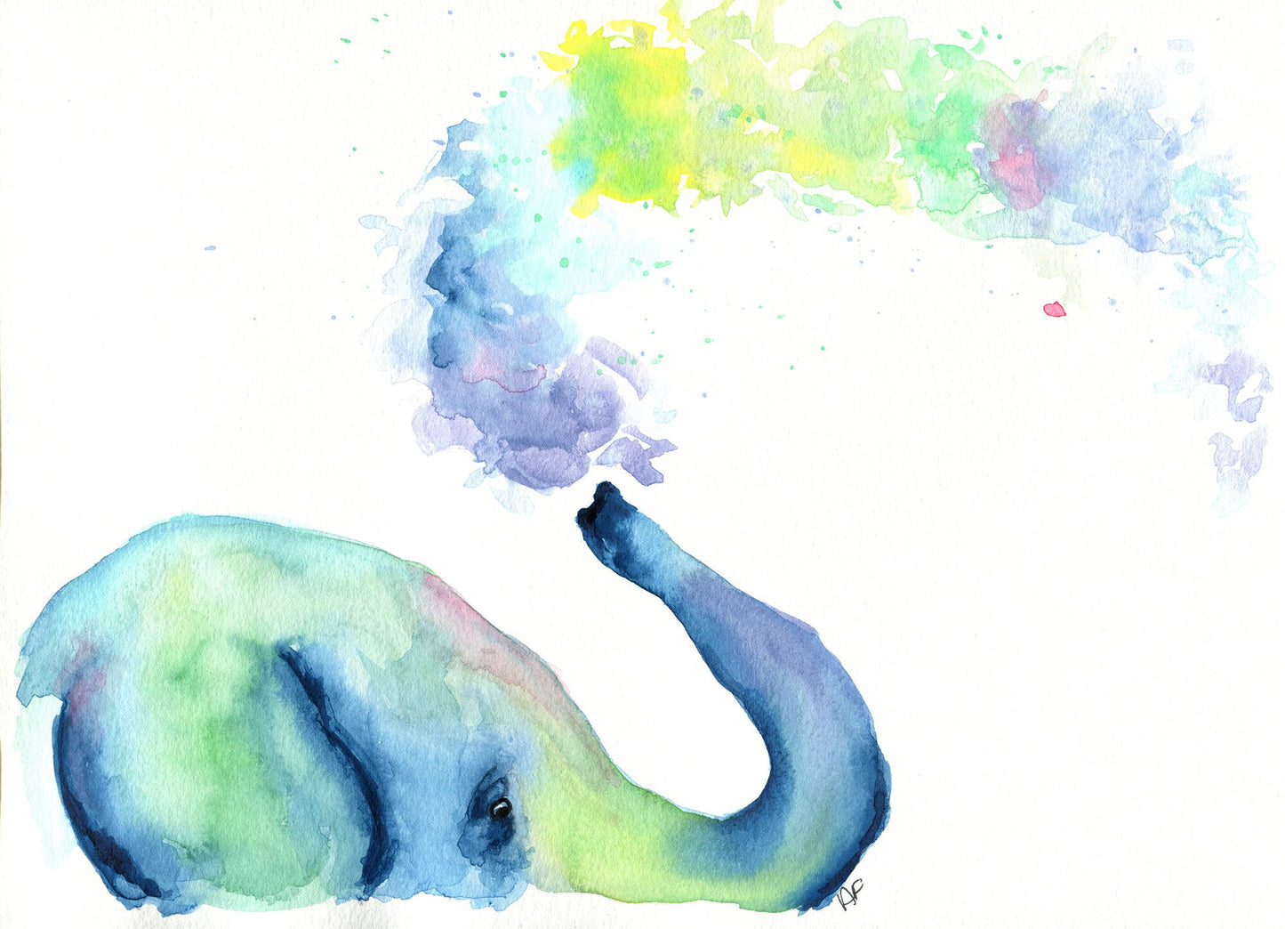 Hand painted watercolor painting of a multicolored elephant with a splash of water or paint, indicating movement or playfulness.