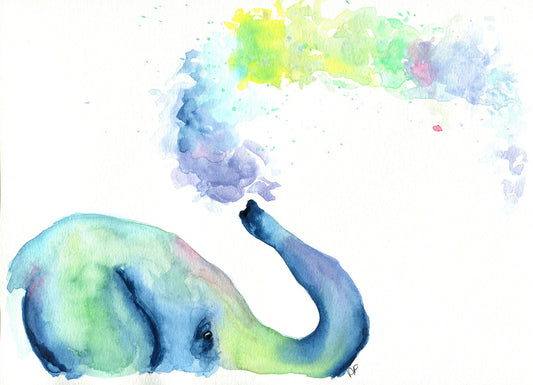 Hand painted watercolor painting of a multicolored elephant with a splash of water or paint, indicating movement or playfulness.