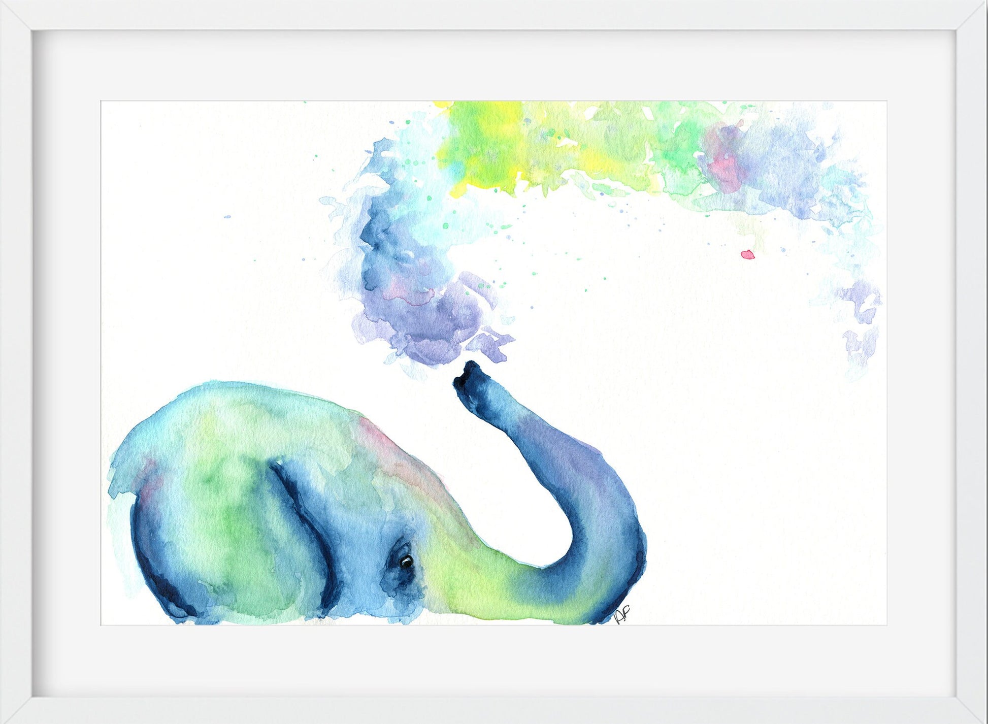 Rainbow elephant watercolor painting 9x12
