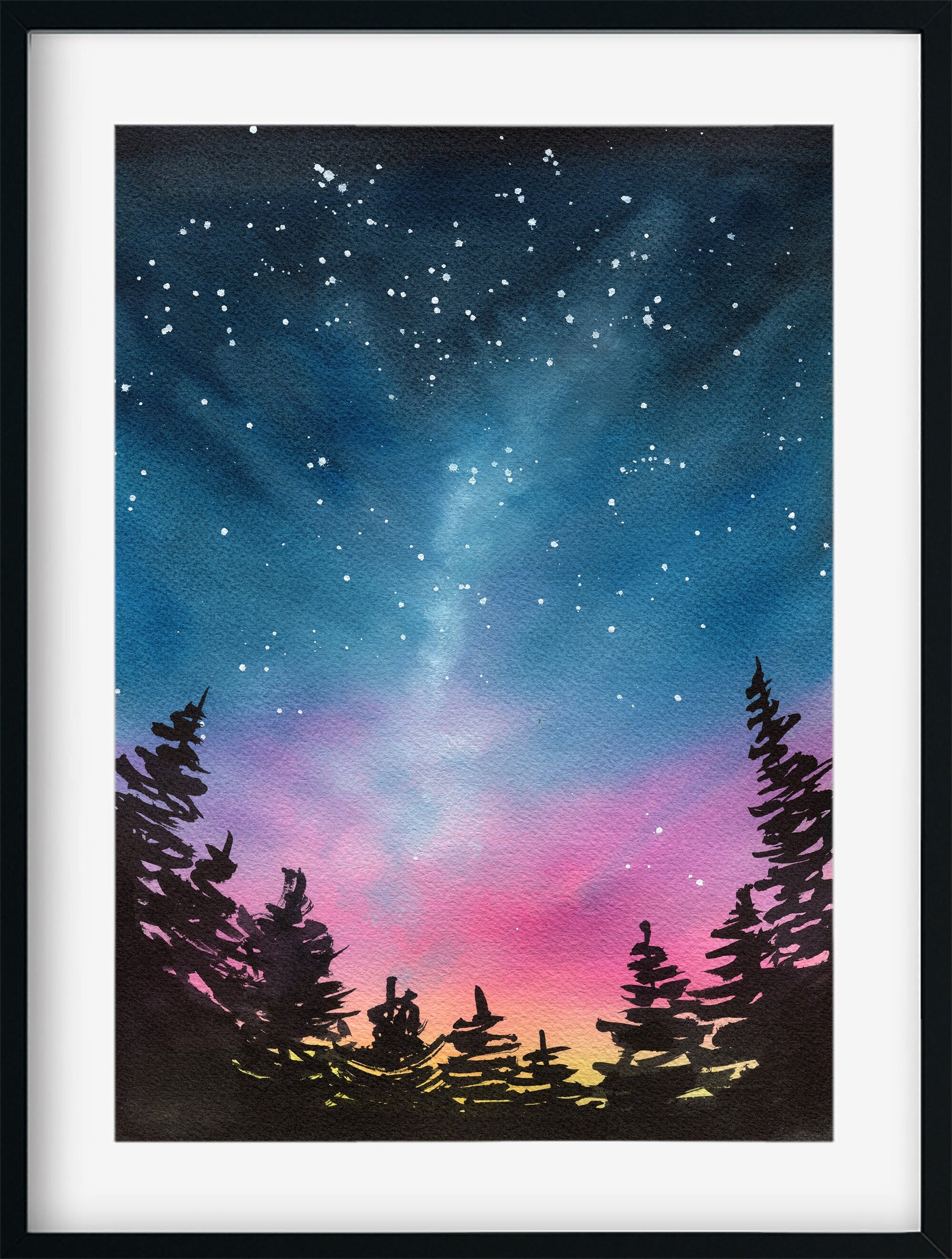 Rainbow sunset forest landscape watercolor painting 9x12 - carved effects