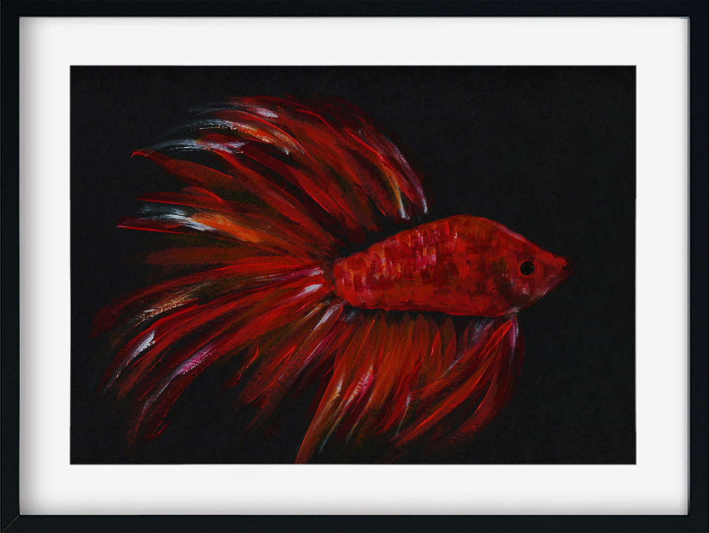 Betta fish, red and orange acrylic painting on black paper 9x12, fish wall art, Japanese fighting fish painting, original artwork - Carved Effects