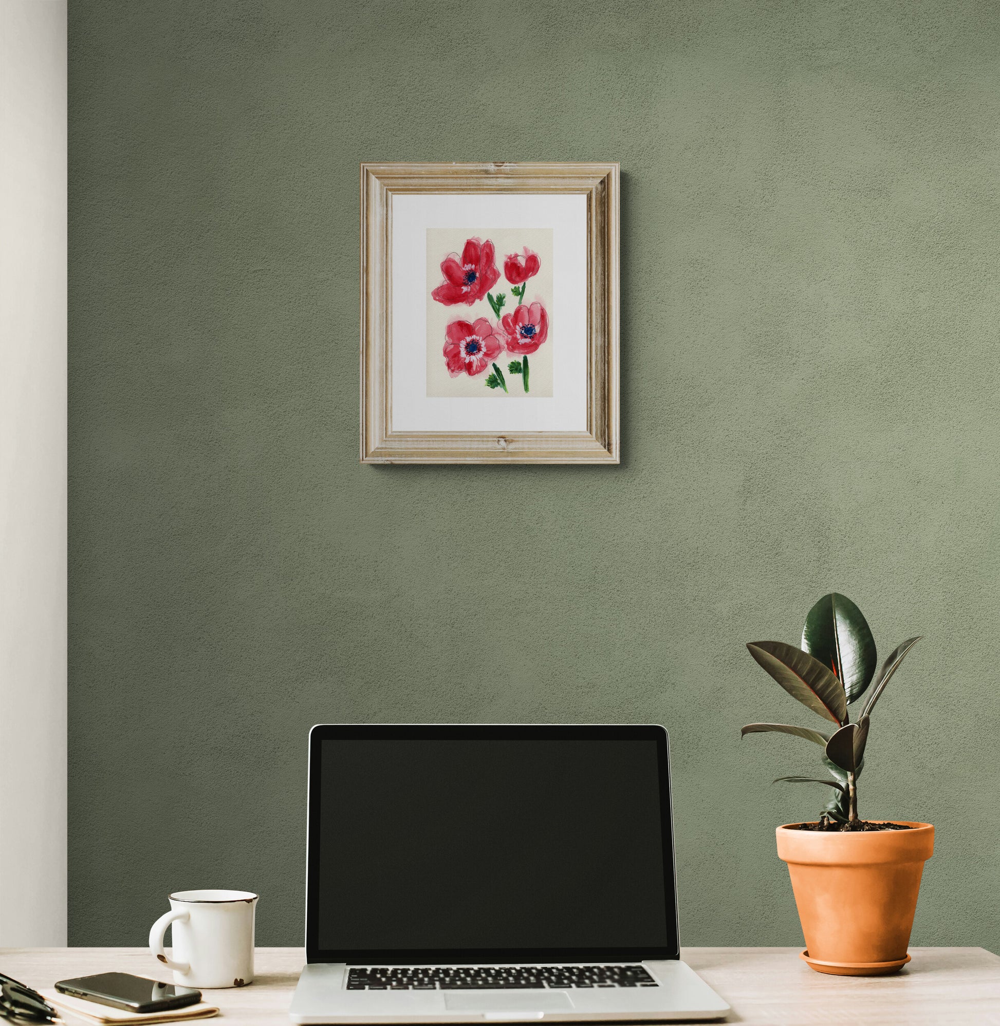 Red anemone hand painted original watercolor painting