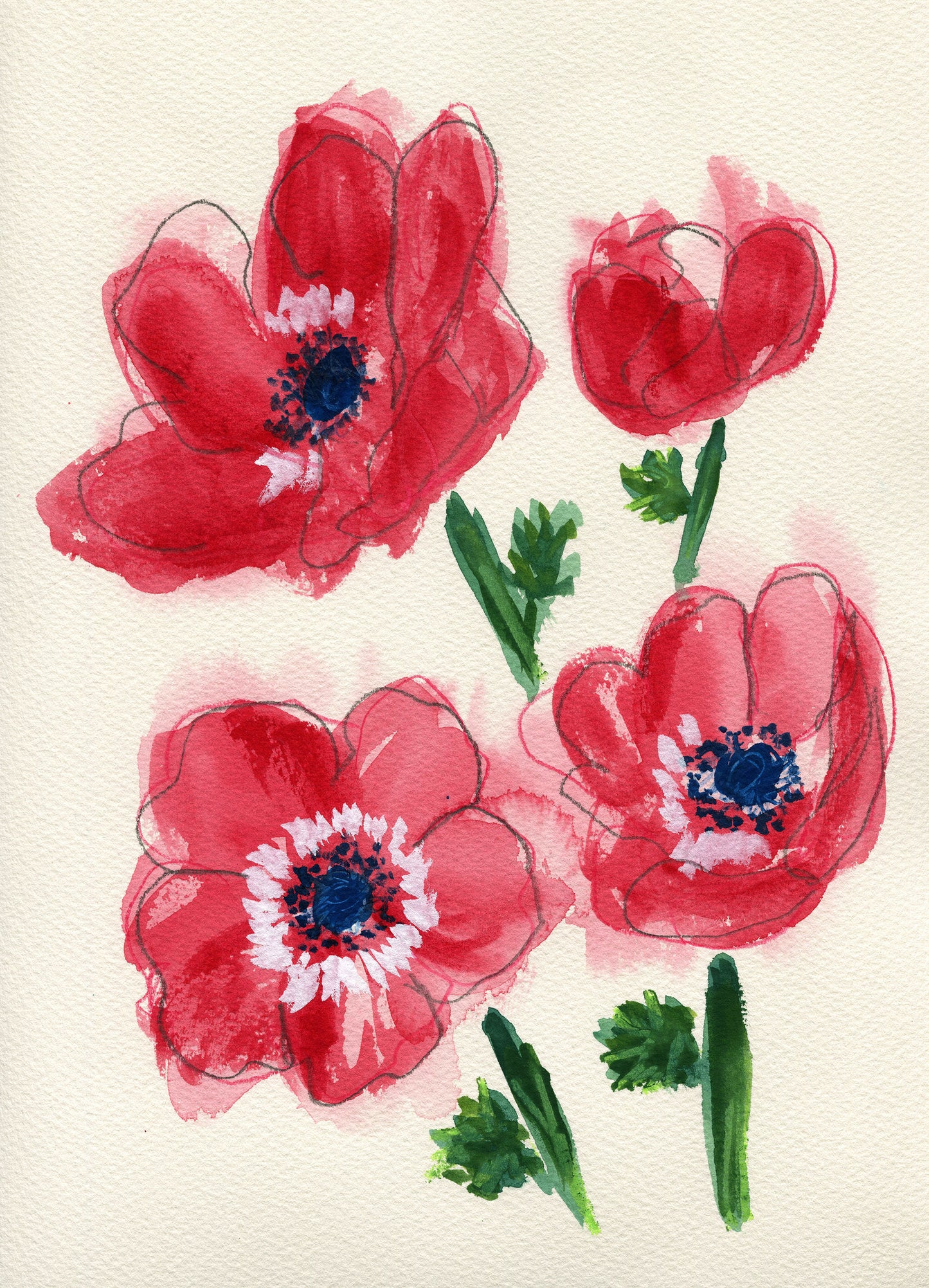 Red flowers with green stems on a beige background