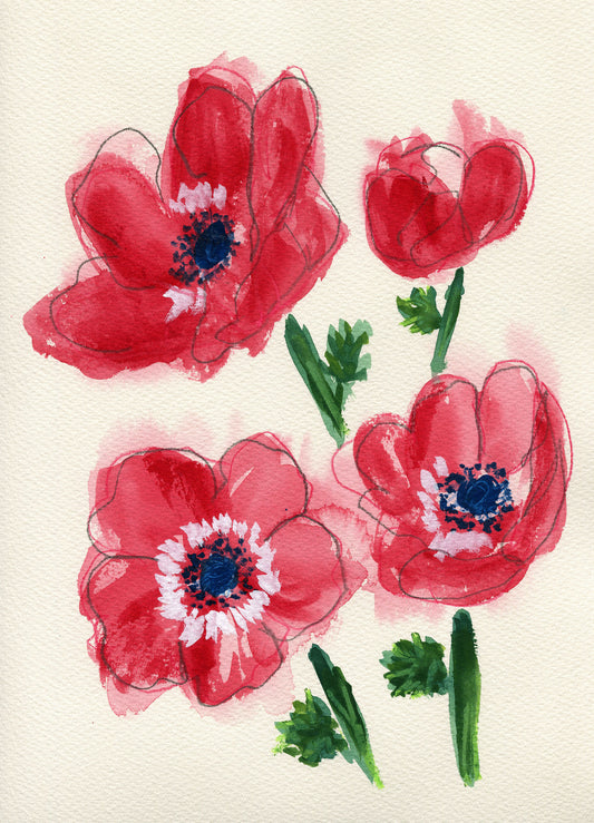 Red flowers with green stems on a beige background