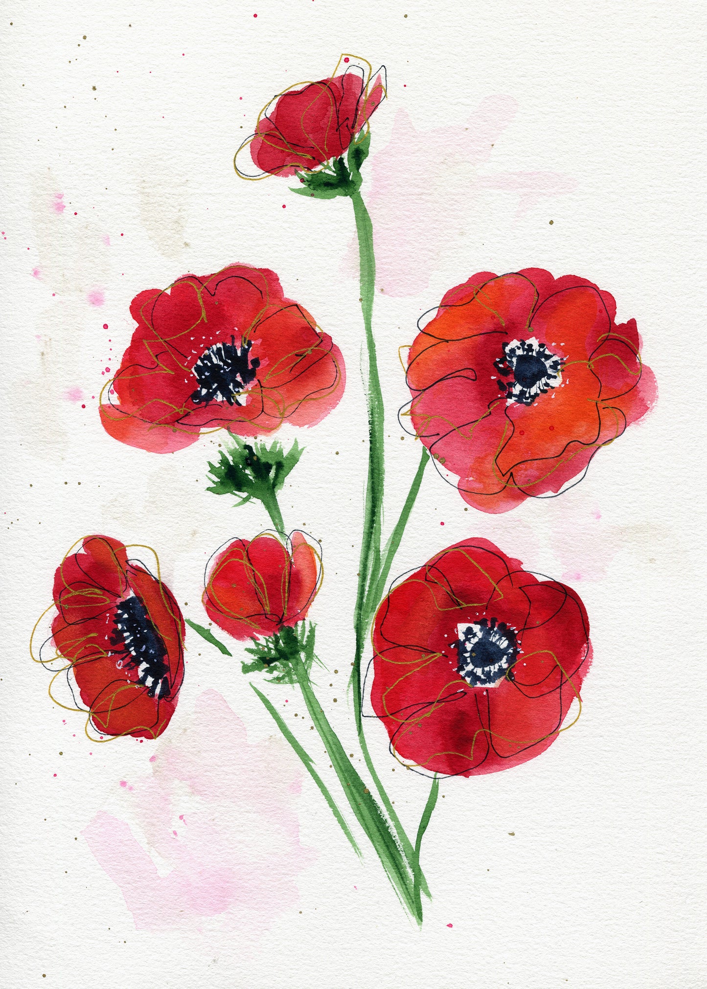 Red anemone hand painted watercolor painting 9x12