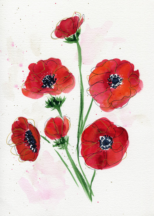 Red anemone hand painted watercolor painting 9x12