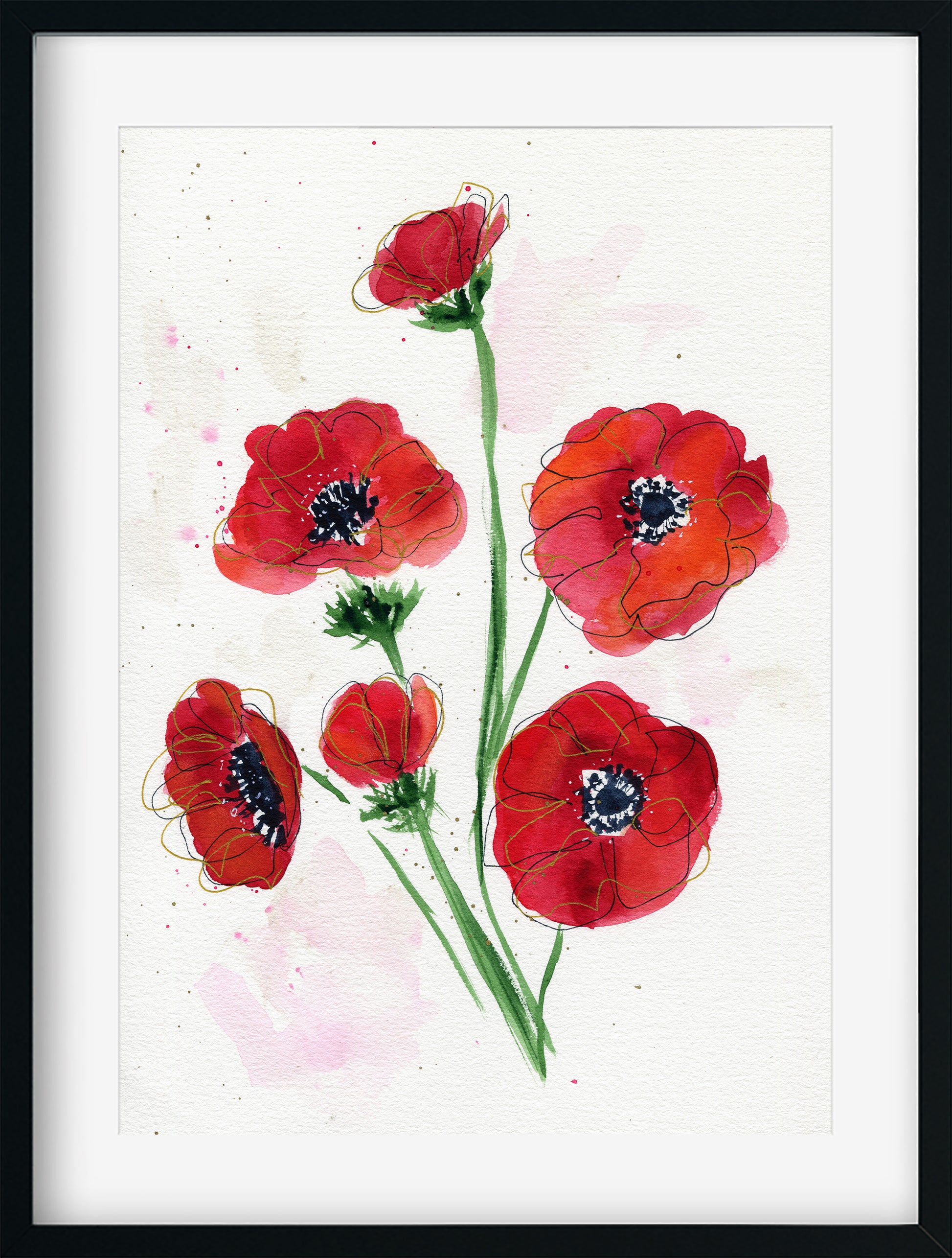 Red anemone hand painted watercolor painting 9x12