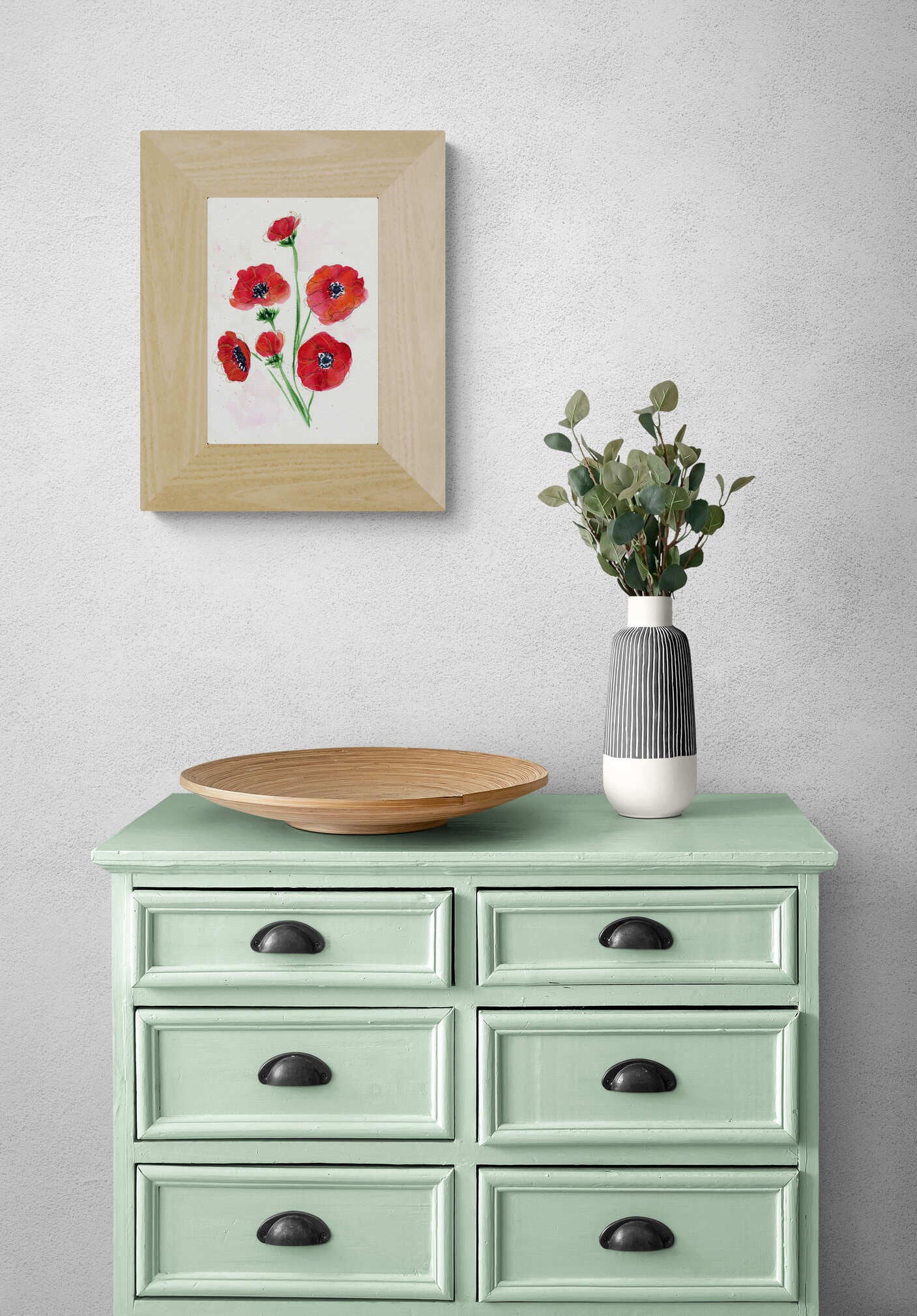 Red anemone hand painted watercolor painting 9x12