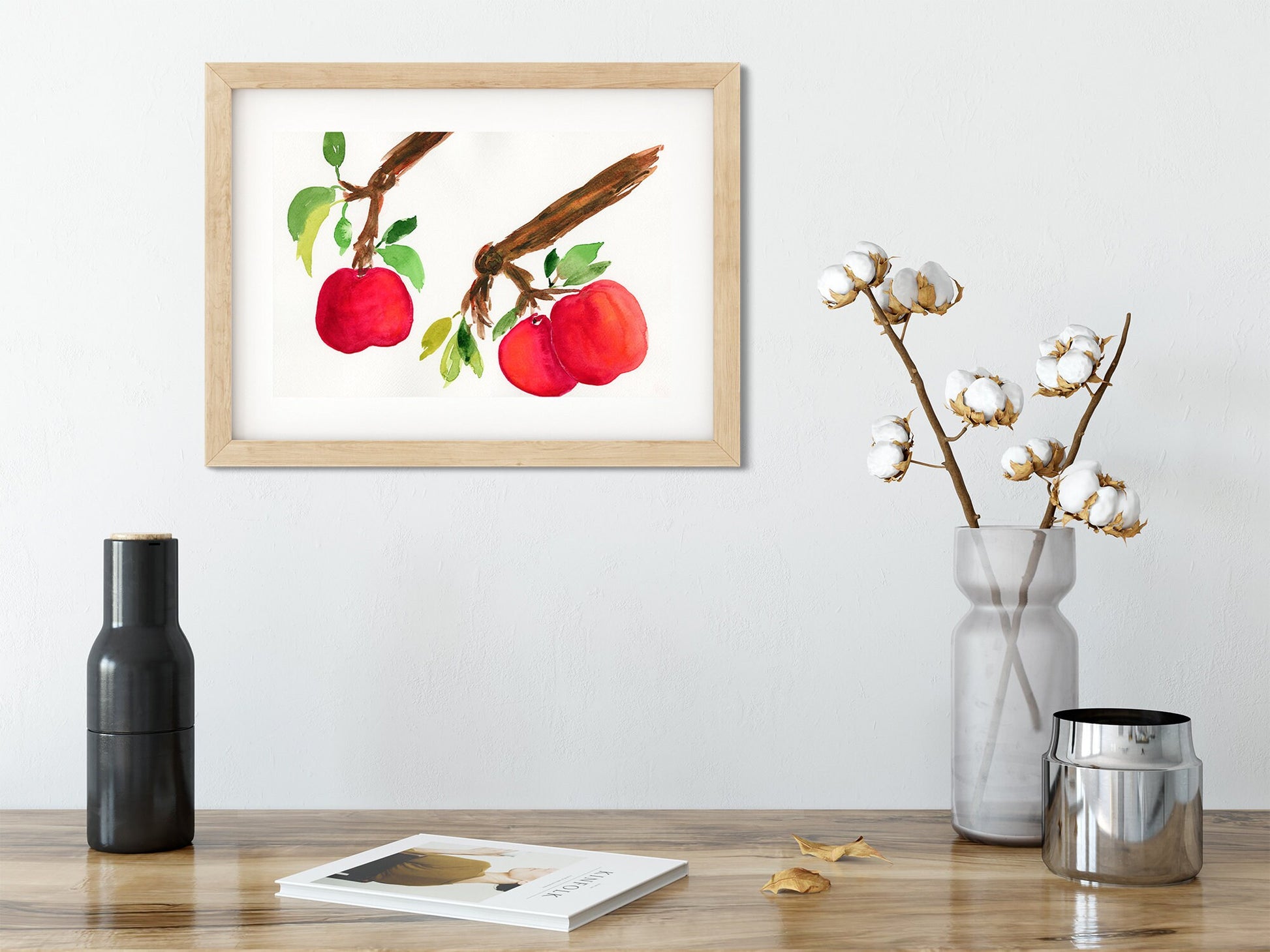 Apples hand painted watercolor painting 9x12, kitchen decor fruit painting, farmhouse decor - Carved Effects