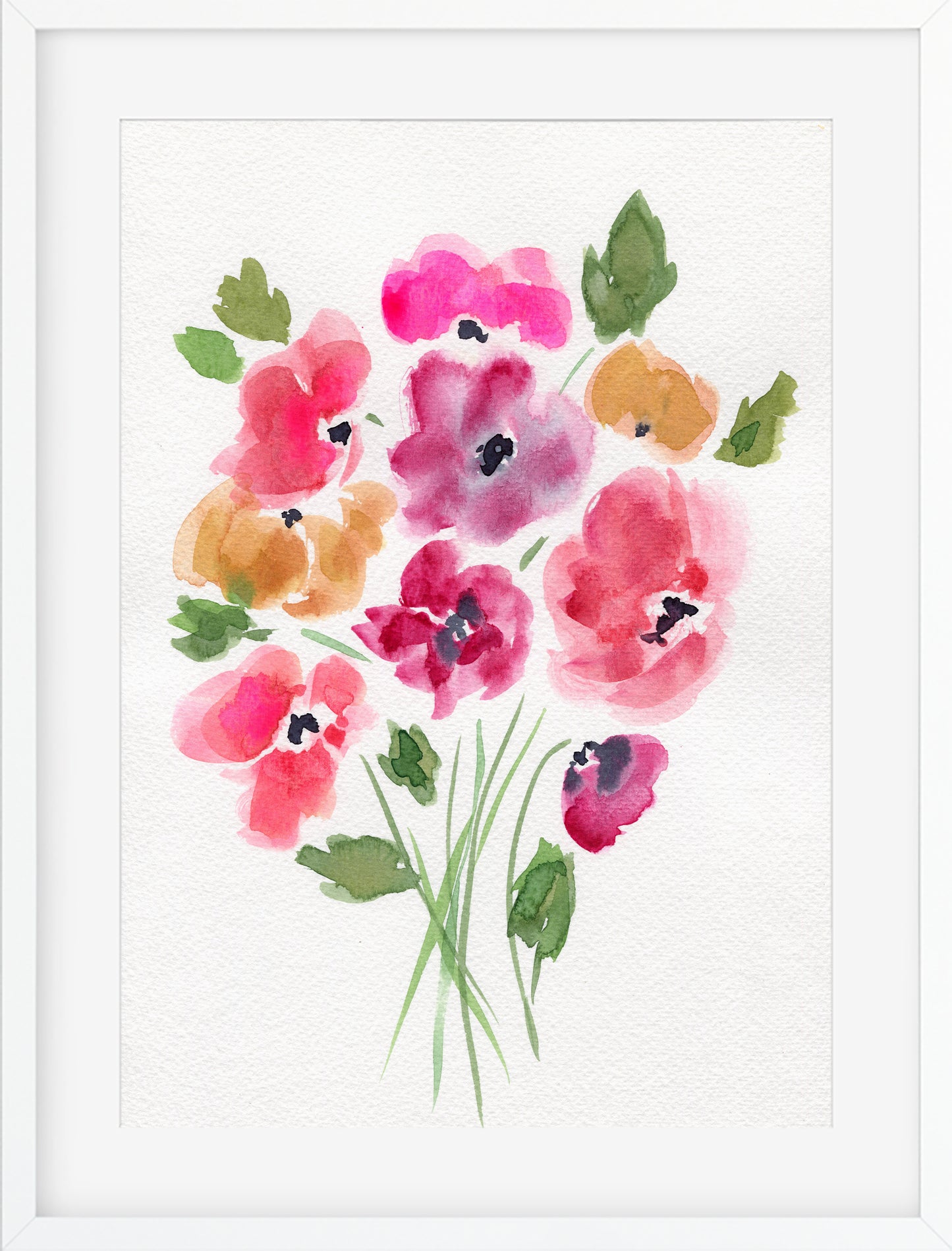 Framed watercolor painting of colorful flowers on a white background