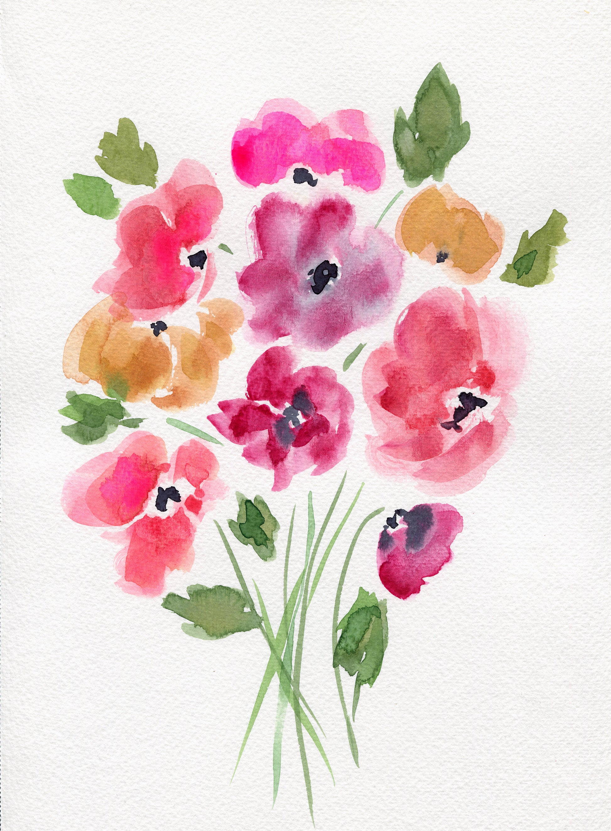 Watercolor painting of pink, orange, and green flowers on a white background