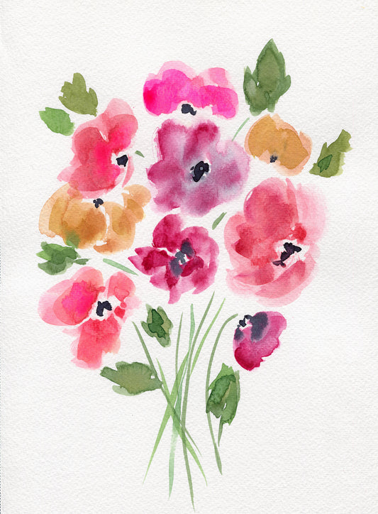 Watercolor painting of pink, orange, and green flowers on a white background