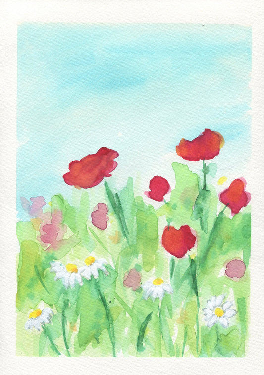 A watercolor painting of a poppy field with vibrant red and yellow flowers and green grass.