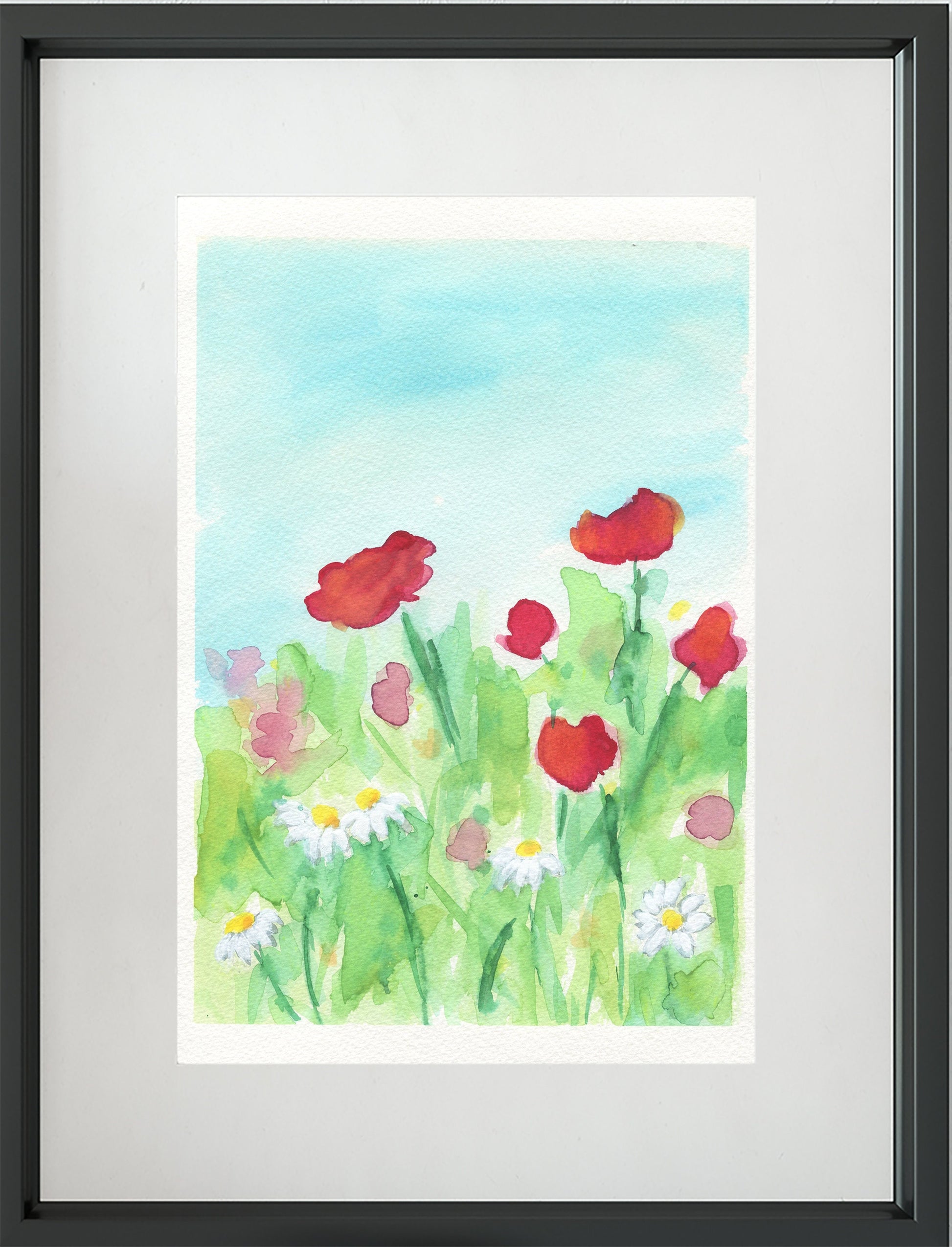 Red poppy field original watercolor painting 9x12