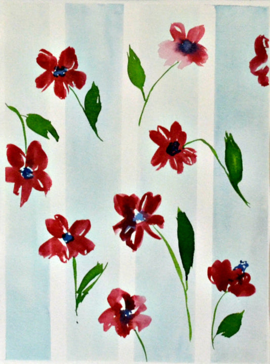 Red poppy flower with blue stripe watercolor painting