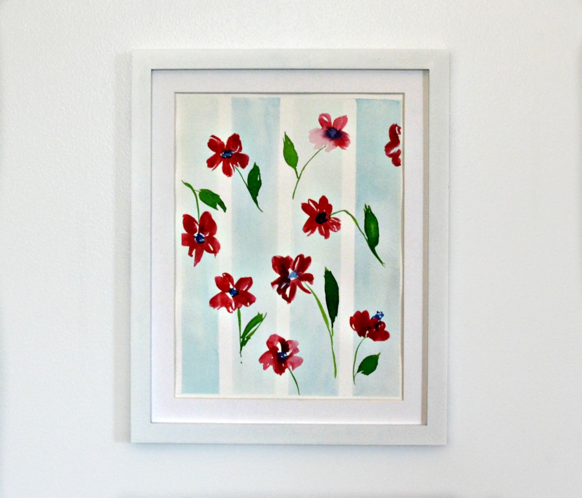 Red poppy flower with blue stripe watercolor painting