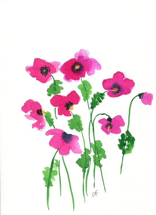 A watercolor painting of red poppies with green stems on a white background, hand-painted on paper.