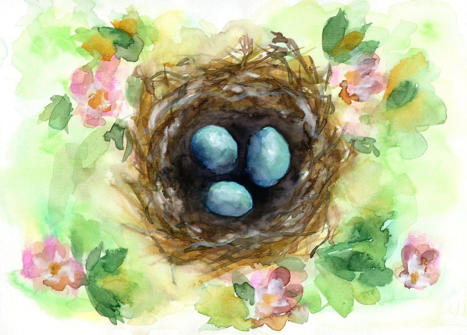 A watercolor painting of a robin's nest with two blue eggs, surrounded by flowers and greenery.