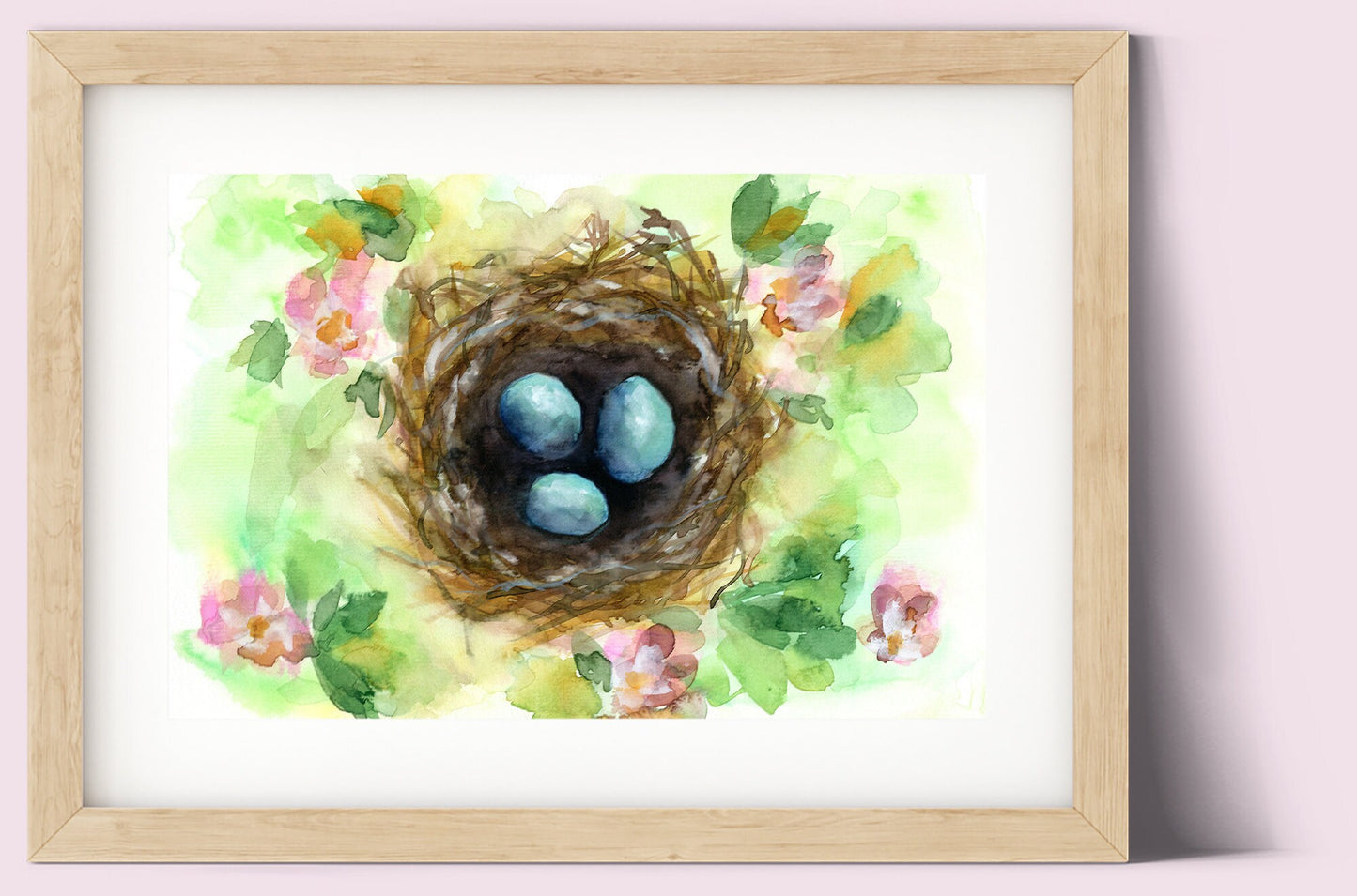 Robin's eggs bird nest with flowers watercolor painting