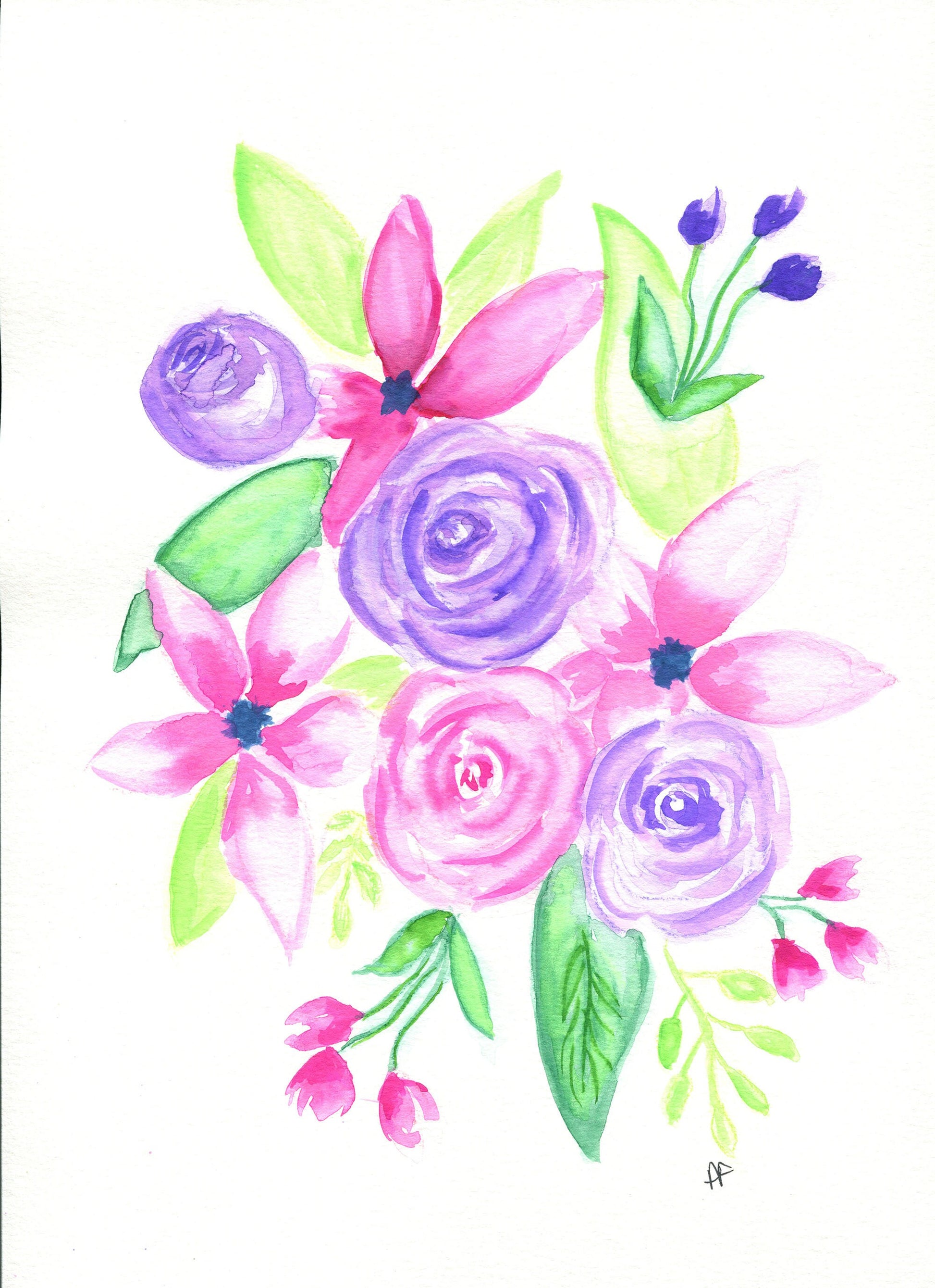 A watercolor painting of pink and purple roses with green leaves on a white background.