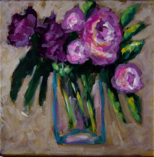 Hand painted mixed media painting of roses in a clear vase, with a focus on the colors pink and purple, and green stems, on a 12x12 inch canvas.